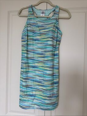 Lands' End Striped Racerback Tank Swim Dress  - Aqua, Blue & Yellow